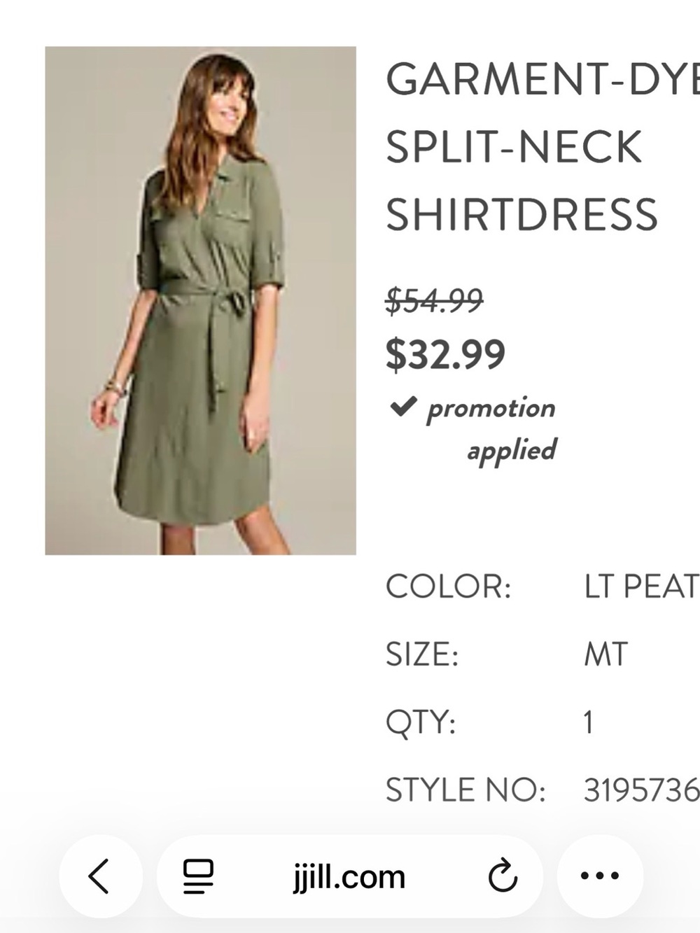 J. Jill Garment-Dyed Split-Neck Shirtdress in Light Peat Green